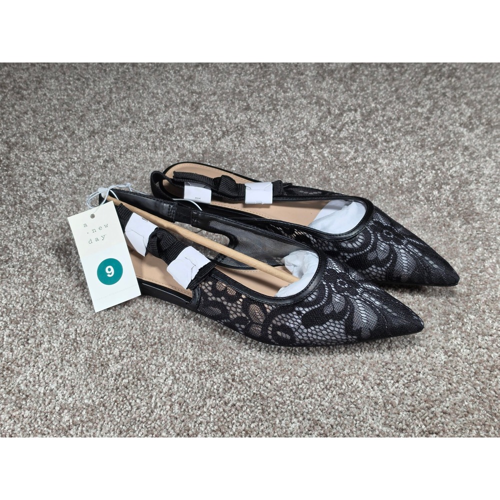 a new day Black Lace Pointed Toe Slingback Flats, Size 9